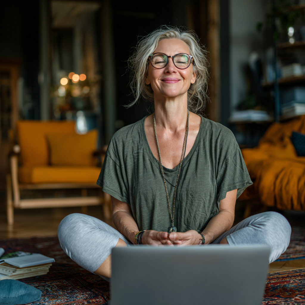 Жена на 58 години следи онлайн йога урок от дома си на лаптоп, усмихната и спокойна в удобна обстановка