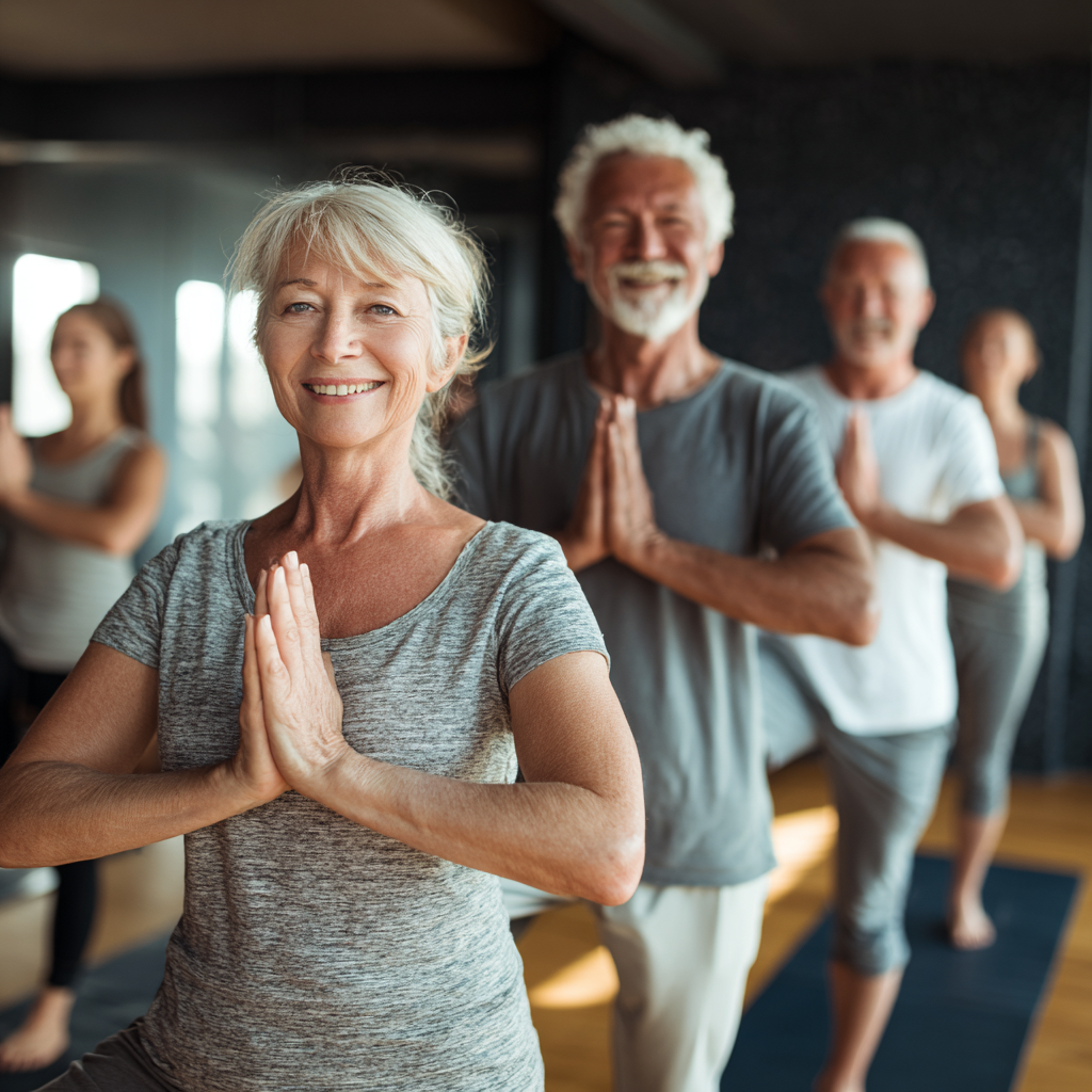 Група зрели хора на възраст 50-60 години практикуват йога в спокойна зала, инструктор ги ръководи с усмивка