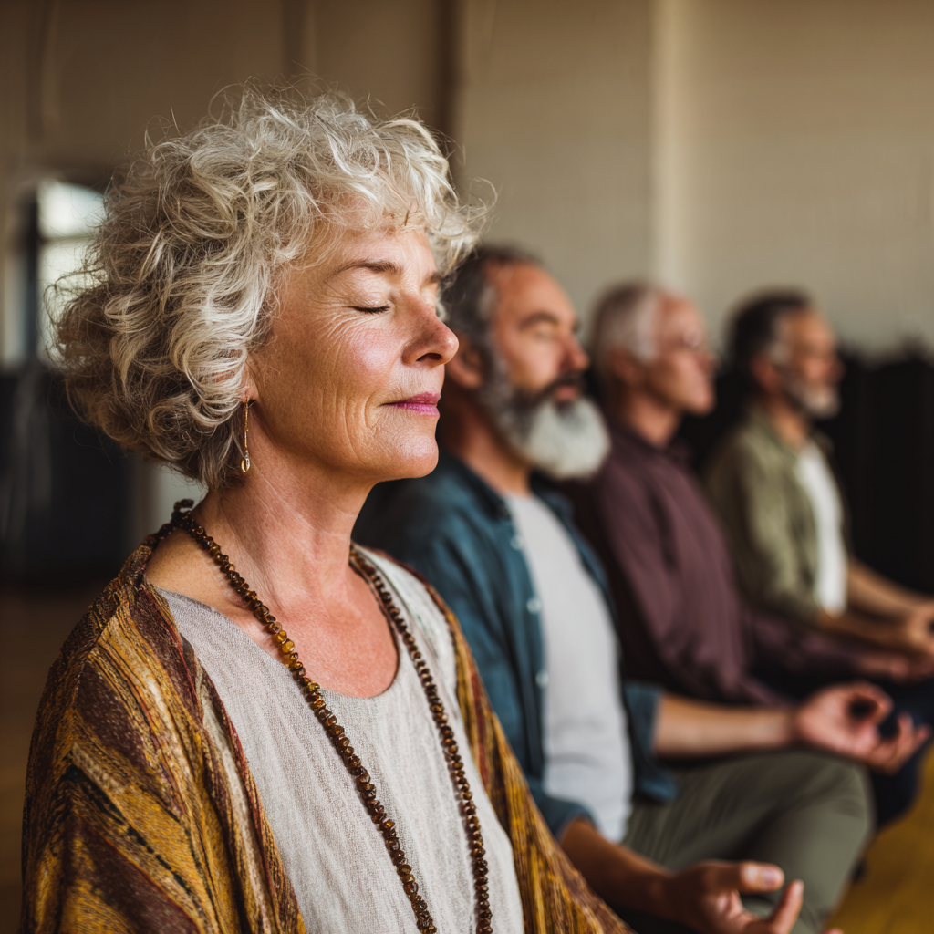 Група зрели хора медитира в тиха зала, жена на 60 години води сесията с усмивка и спокойствие